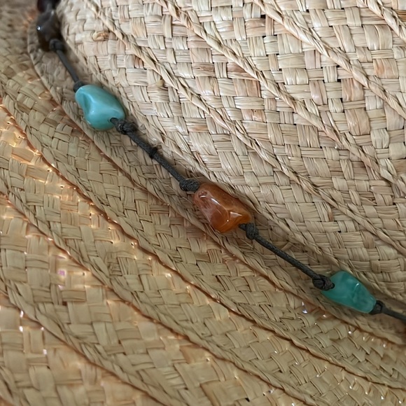 Straw beach hat OS natural tan acrylic stone & cotton band boho garden party DP - Picture 6 of 6